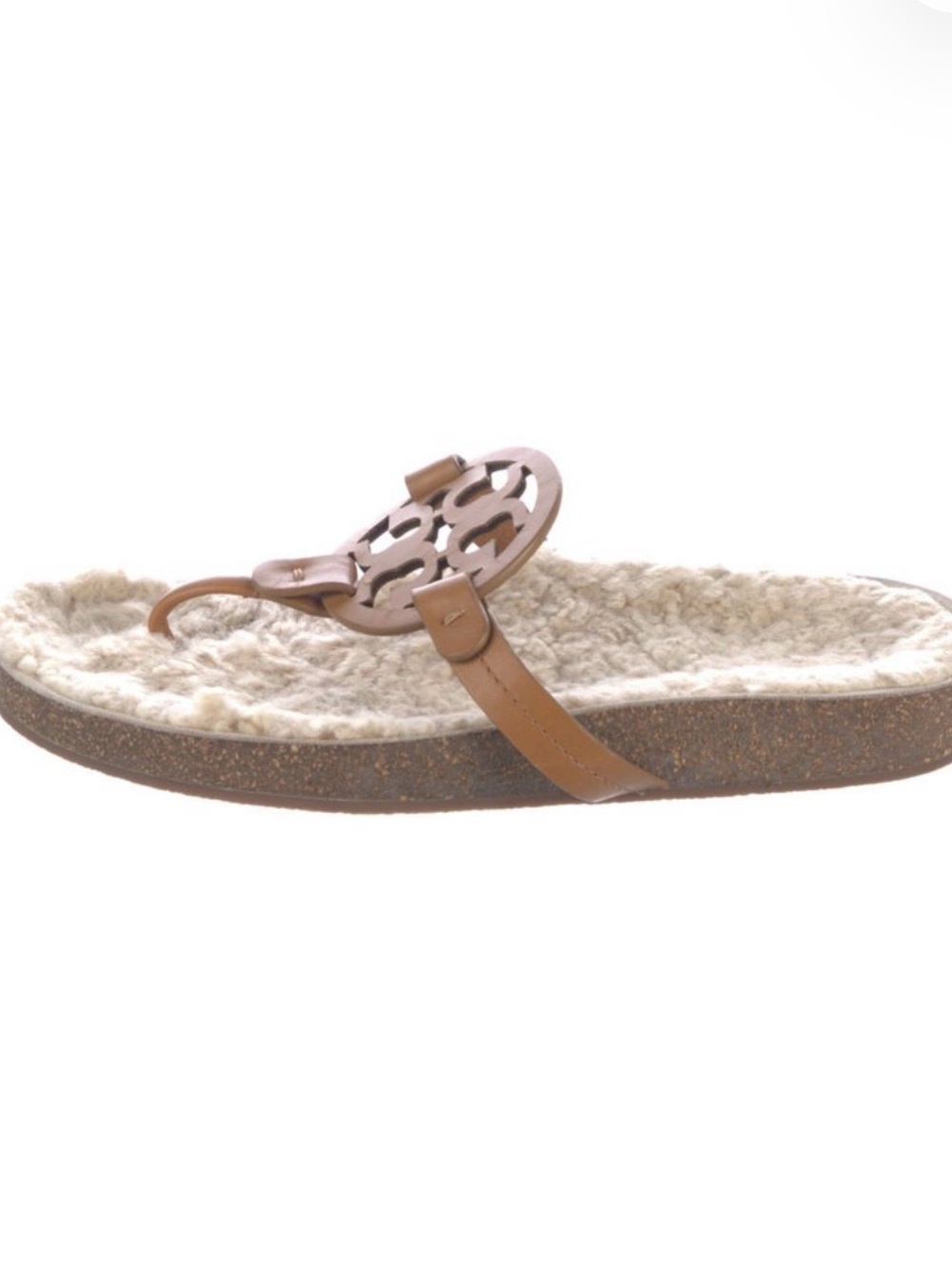 Tory Burch Tan Leather Shearling-Trim Thong Sandal with Logo Medallion